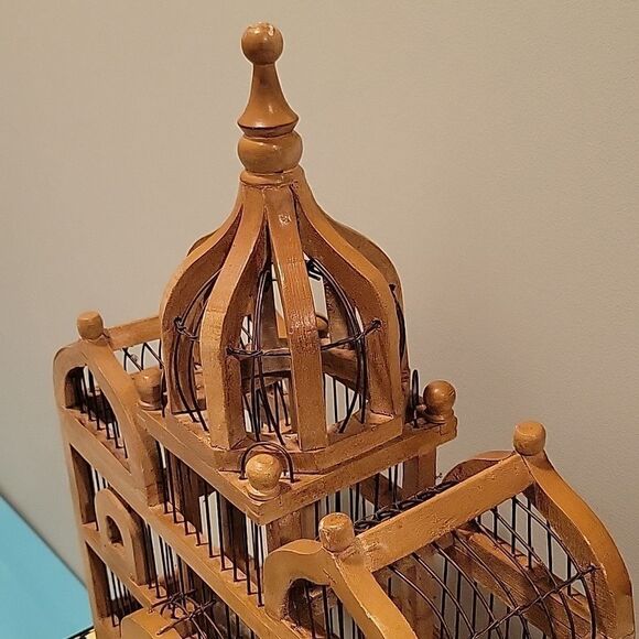 Vtg Wooden Birdcage Victorian Domed Cathedral Taj Mahal Door bird cage Wood boho - Picture 5 of 16